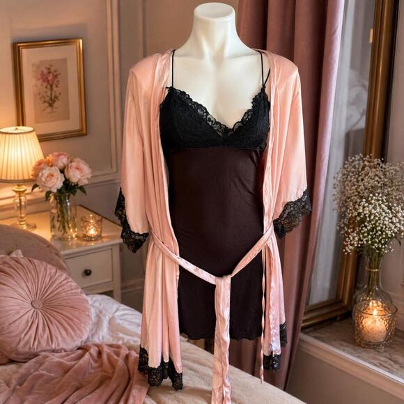 other Other - Pink Robe with Black Lace Trim and Black Chemise 2 Piece Set Sz S